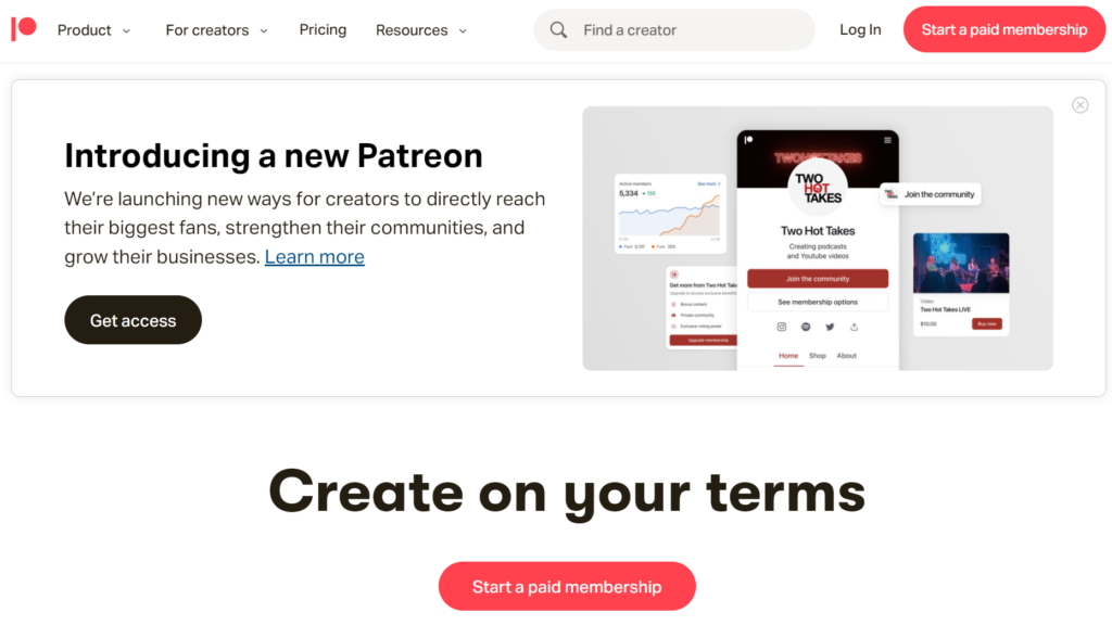 La prima pagina del sito Patreon